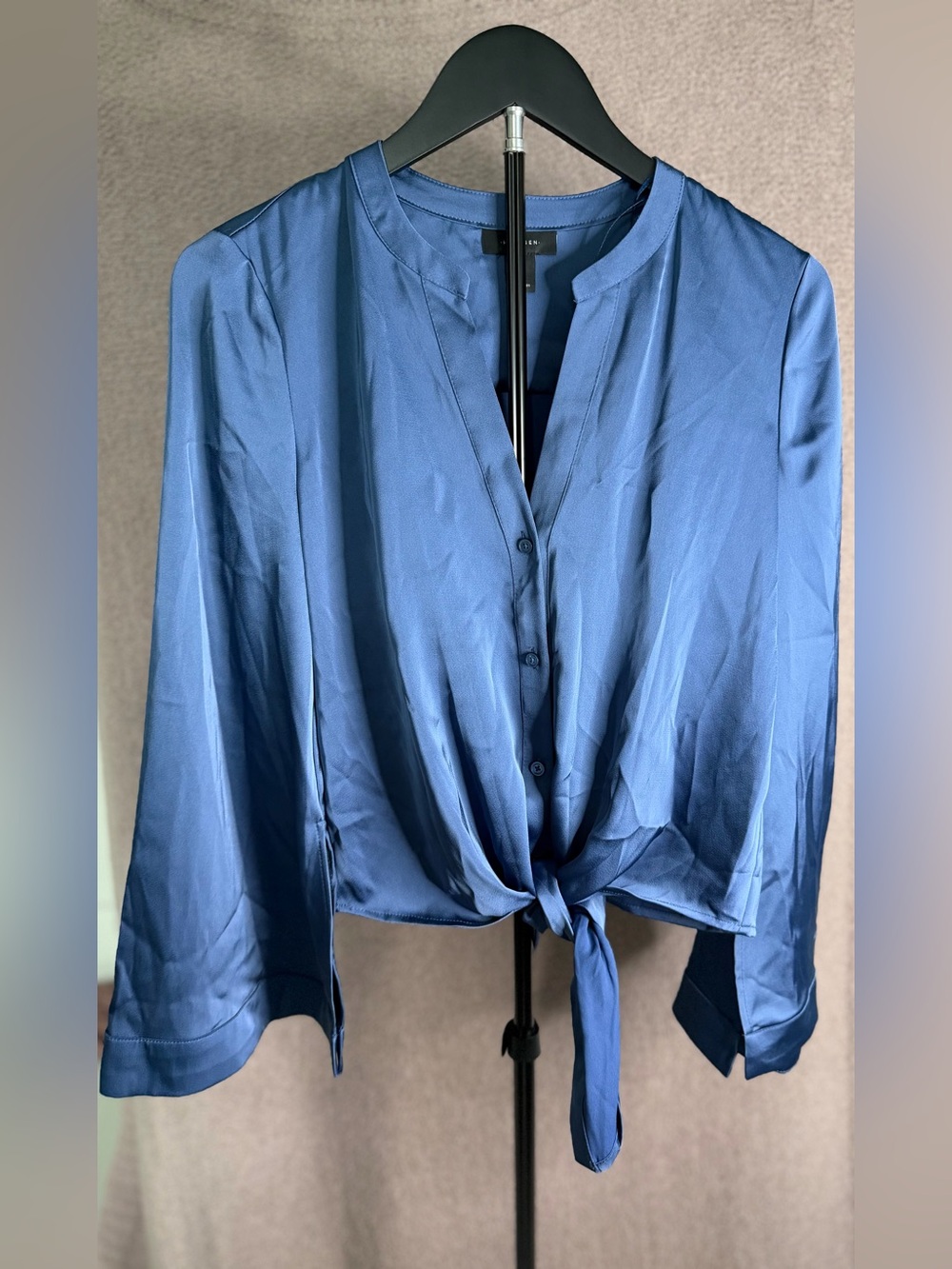 Halogen Blue Satin Tie Front Long Sleeve Blouse Size XS